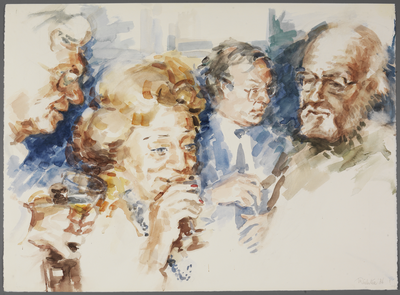 29359 Groepsportret met drie leden van het Genootschap Kunstliefde te Utrecht (links: Fedde Weidema, 2e van links: Mies ...